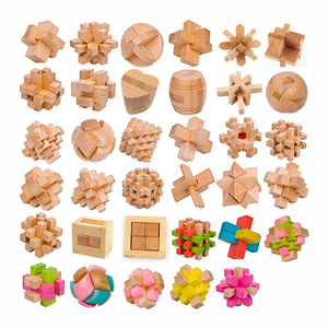 beech Ancient Chinese Educational Wooden Jigsaw Square Brain Toys Classic Party Game 3d wooden puzzle for Kids and Adults