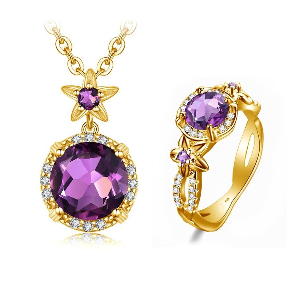 Luxury Palace Style Amethyst Cubic Zirconia 925 Silver Luxury Gold Bridesmaid Jewelry Gift Set