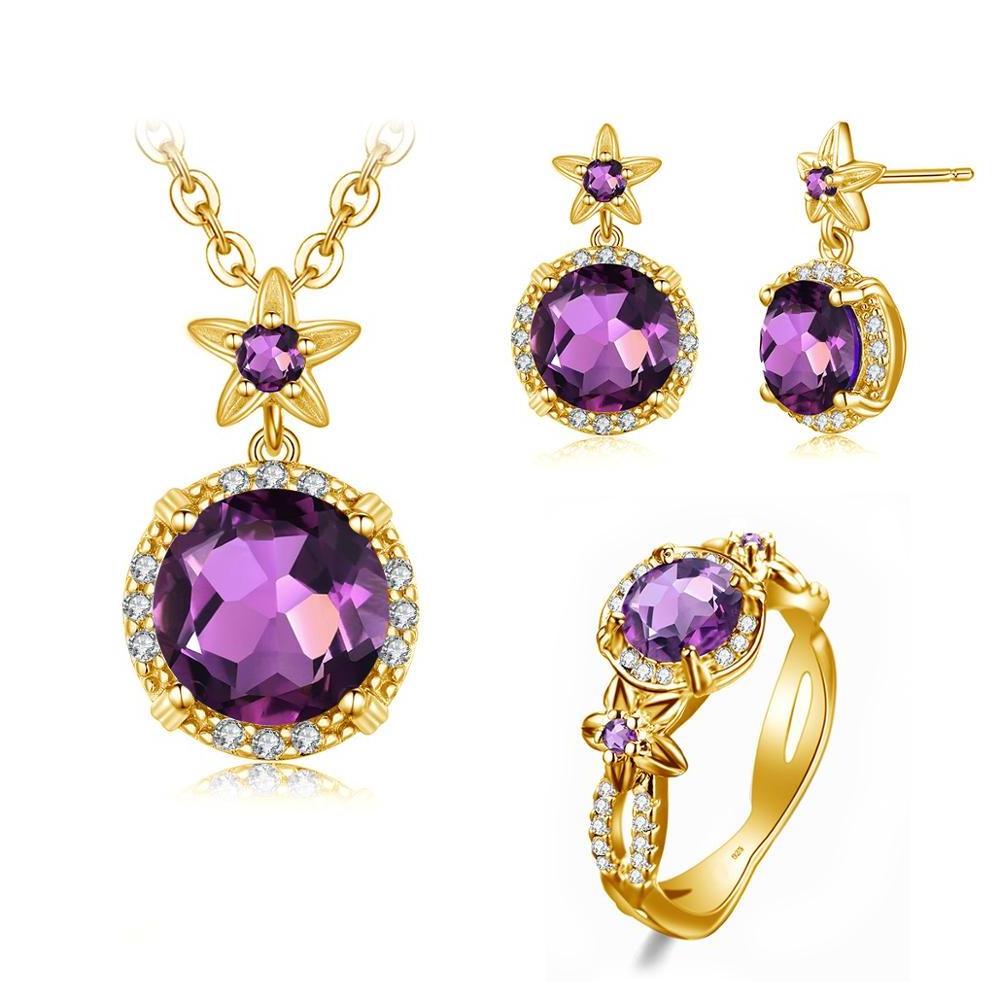 Luxury Palace Style Amethyst Cubic Zirconia 925 Silver Luxury Gold Bridesmaid Jewelry Gift Set