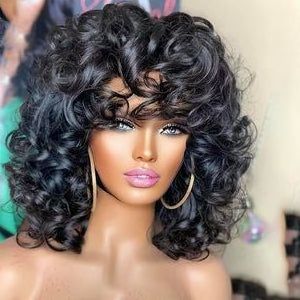 Machine Made Natural Wave Very Full Human Hair Wig Glueless Lace Curly Bob Wig Peruvian Machine Made Bob Wig For Black Women