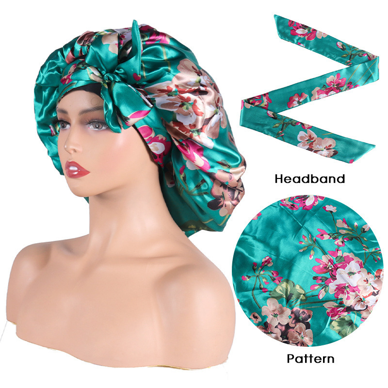 Women Chain Stripe Design Print Double Stretch Broad Satin bonnet floral headband hair hat set large satin bonnet