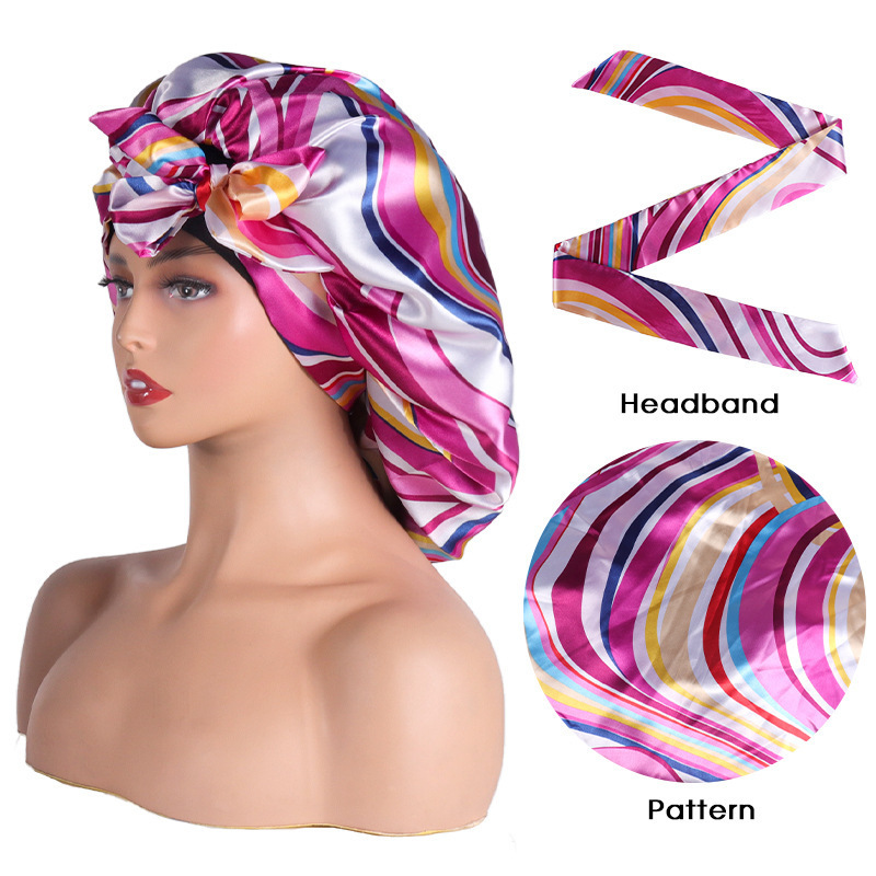 Women Chain Stripe Design Print Double Stretch Broad Satin bonnet floral headband hair hat set large satin bonnet