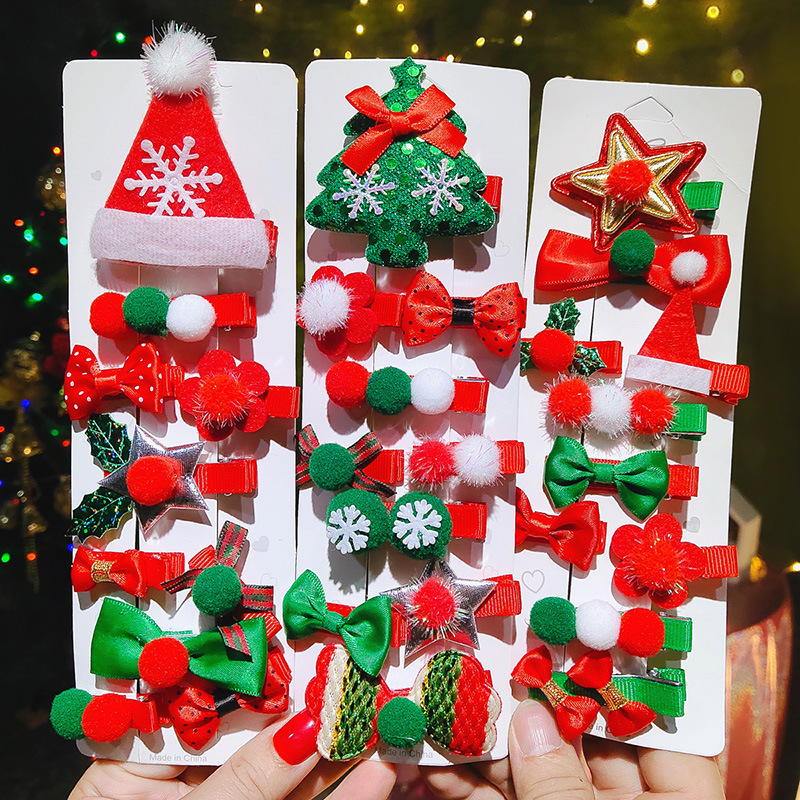 New Fashion Christmas Hair Clips  10Pcs Bow Tree Duckbill Clip Cute Sequin Hairpins Set For Girls Kids