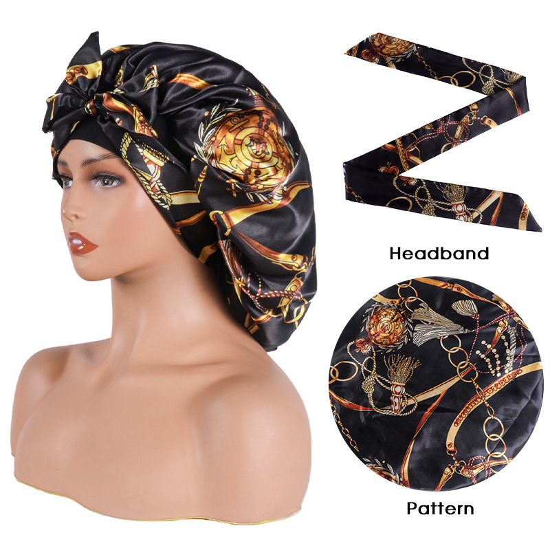 Women Chain Stripe Design Print Double Stretch Broad Satin bonnet floral headband hair hat set large satin bonnet