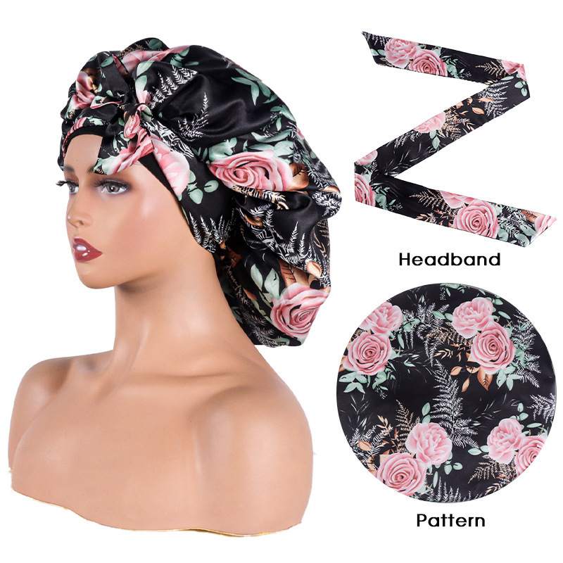 Women Chain Stripe Design Print Double Stretch Broad Satin bonnet floral headband hair hat set large satin bonnet