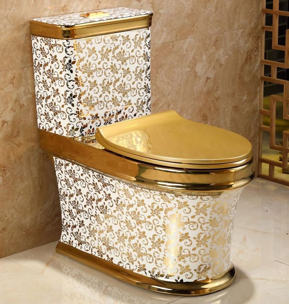 Modern Luxury Gold Pattern Ceramic One-Piece Flush Bathroom Toilet golden toilets