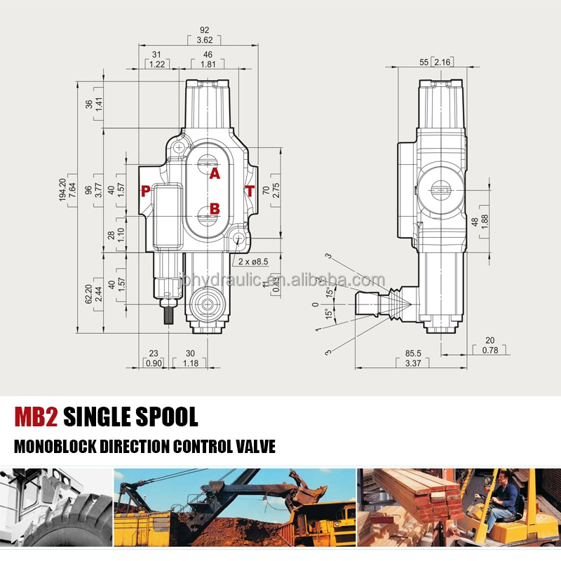 MB2 Series 12 GPM 45L/min Single Cylinder Spool Hydraulic Monoblock Directional Control Valve