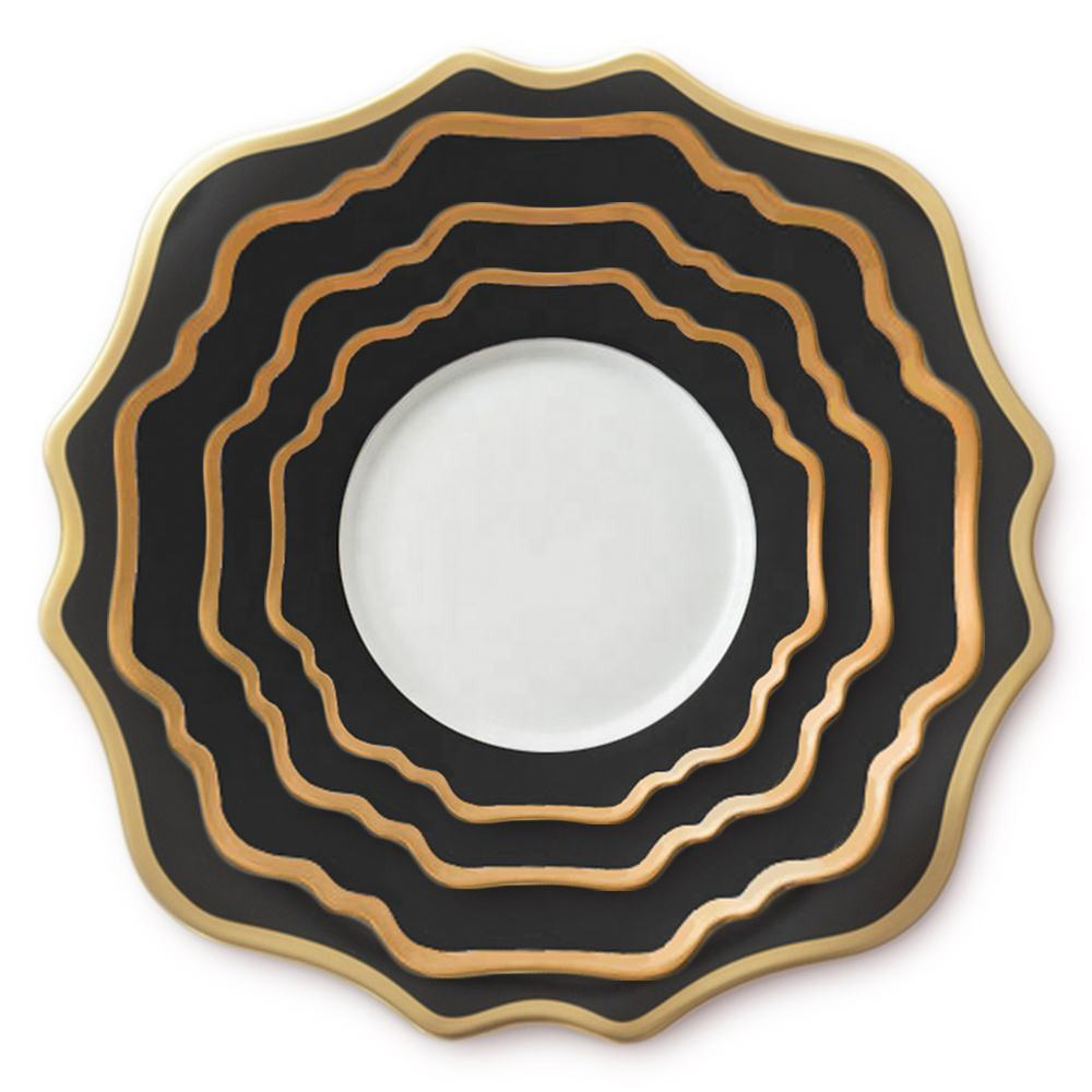 Best selling black ceramic gold rim porcelain dinner sets bone china dinnerware sets wedding decoration charger plate for events