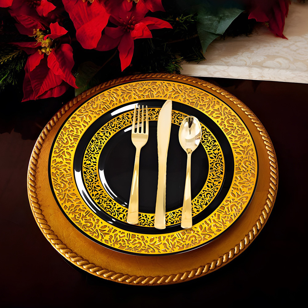 Jinbaijia High Quality 13 Inch Rose Gold Hotel Banquet Wedding Plastic Black Gold Charger Plate