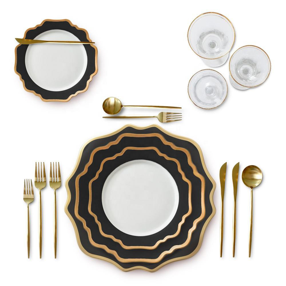 Best selling black ceramic gold rim porcelain dinner sets bone china dinnerware sets wedding decoration charger plate for events