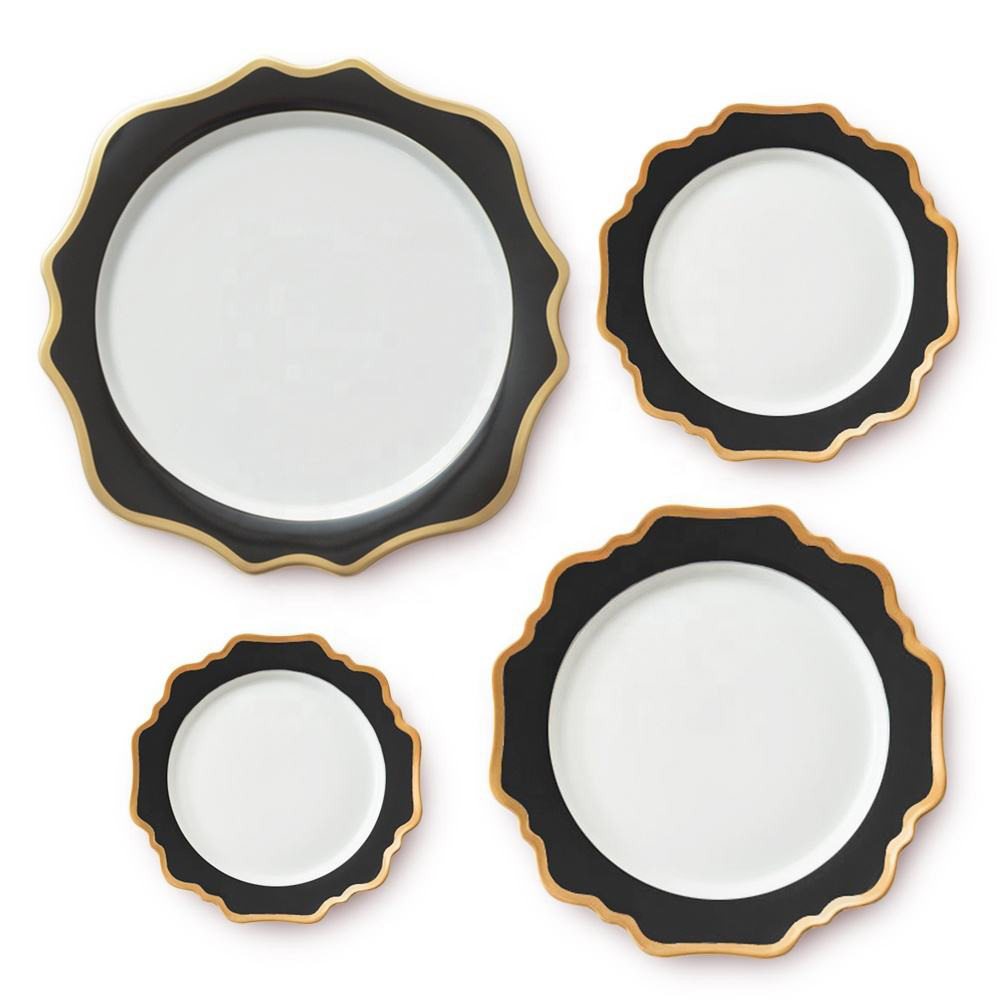 Best selling black ceramic gold rim porcelain dinner sets bone china dinnerware sets wedding decoration charger plate for events