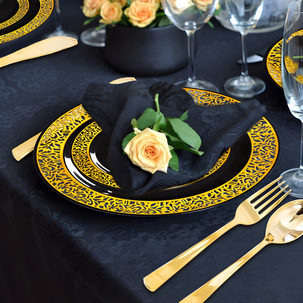 Jinbaijia High Quality 13 Inch Rose Gold Hotel Banquet Wedding Plastic Black Gold Charger Plate