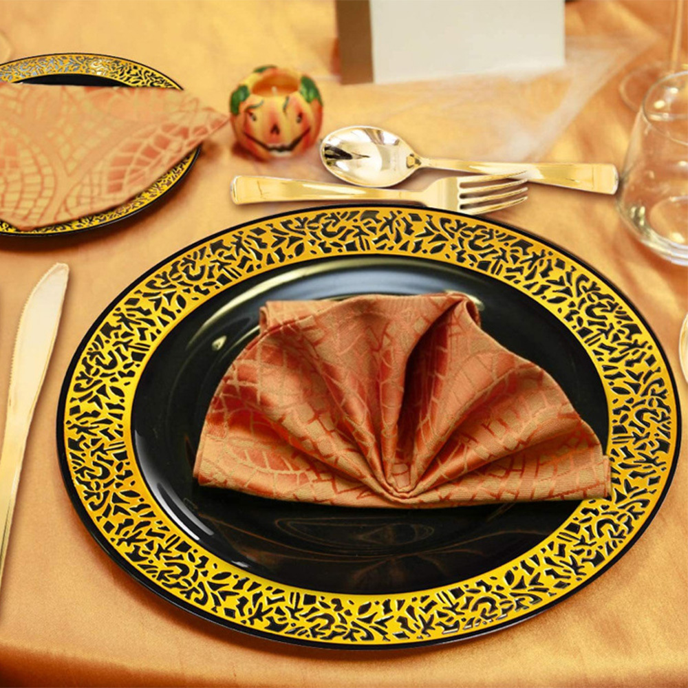 Jinbaijia High Quality 13 Inch Rose Gold Hotel Banquet Wedding Plastic Black Gold Charger Plate