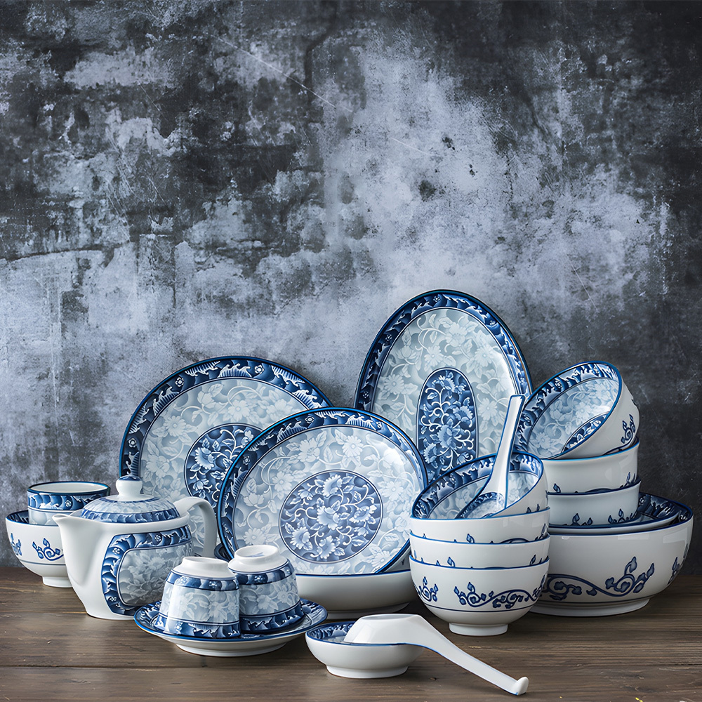 Jinbaijia antique chinese blue and white porcelain dishes plates bowls chinese ceramic plates set  tableware dinnerware