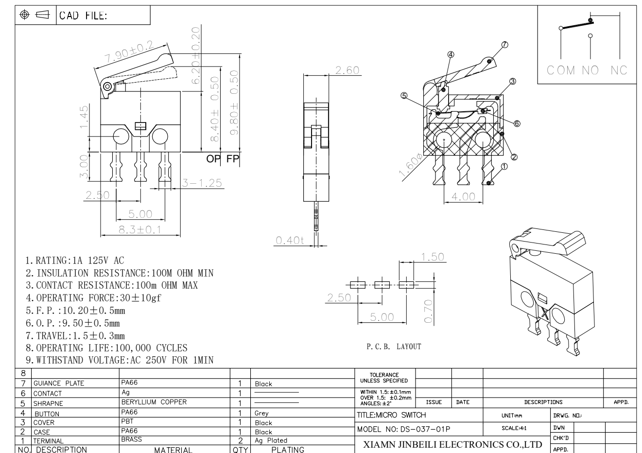 DS-037-01P 2022 Top RoHS Factory snap action switch