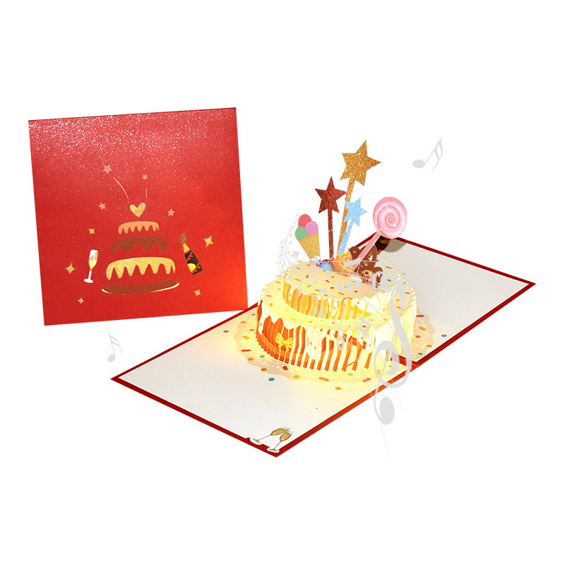 3D pop up birthday card,warm LED light happy birthday card with music laser cut happy birthday greeting card