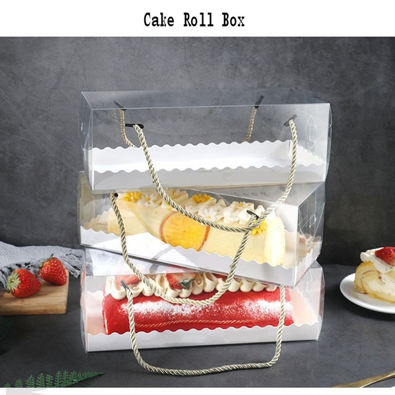 Transparent Cake Box With Handle Cupcake Swiss Clear Plastic Portable PET Packing Gift Box Roll Long Plastic Cake Roll Packaging