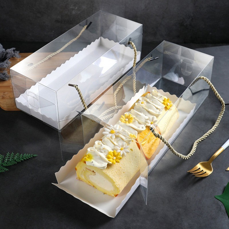 Transparent Cake Box With Handle Cupcake Swiss Clear Plastic Portable PET Packing Gift Box Roll Long Plastic Cake Roll Packaging