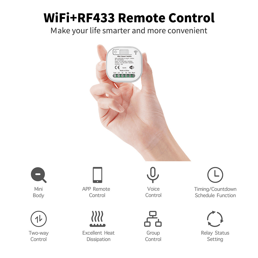 Tuya Smart Life 16A WiFi Switch Module With 2 Way Control RF No Battery No Wire Smart Home Light Switch Work For Alexa Google