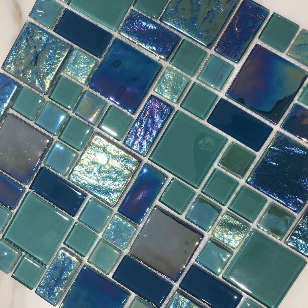 4mm iridescent mesh-back peel and stick blue green swimming pool glass mosaic tiles