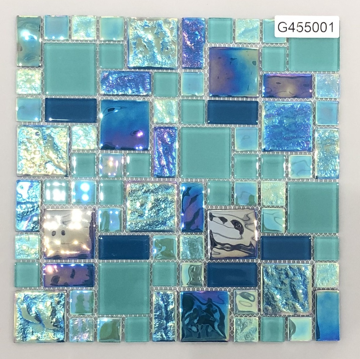 4mm iridescent mesh-back peel and stick blue green swimming pool glass mosaic tiles