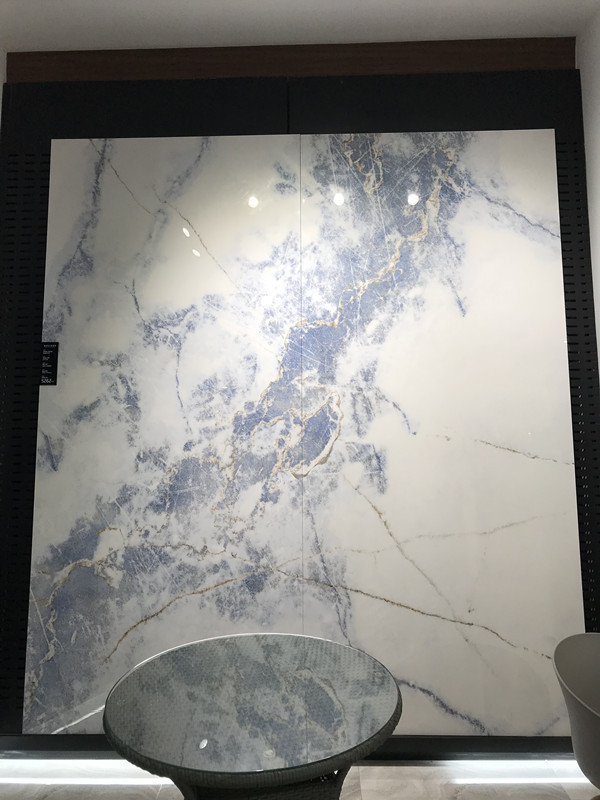 Blue Leaf Pattern Porcelain Tile 4-Sided Interlocking Glossy Glazed Large Slabs Book Match Texture for Living Room