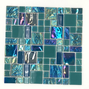 4mm iridescent mesh-back peel and stick blue green swimming pool glass mosaic tiles