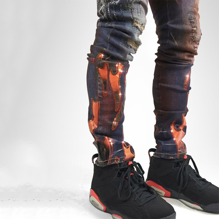 Oem Custom Black Mens Industrial Indigo Flame Rhinestone Jeans Printed Crazy Jeans For Men