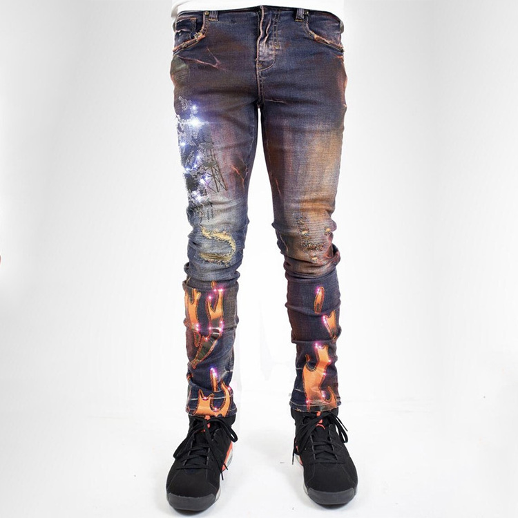 Oem Custom Black Mens Industrial Indigo Flame Rhinestone Jeans Printed Crazy Jeans For Men