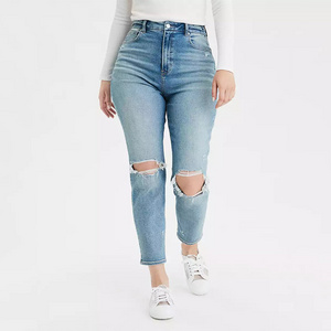 Fashion private label high waist denim pencil skinny ripped hip mom curvy women jeans