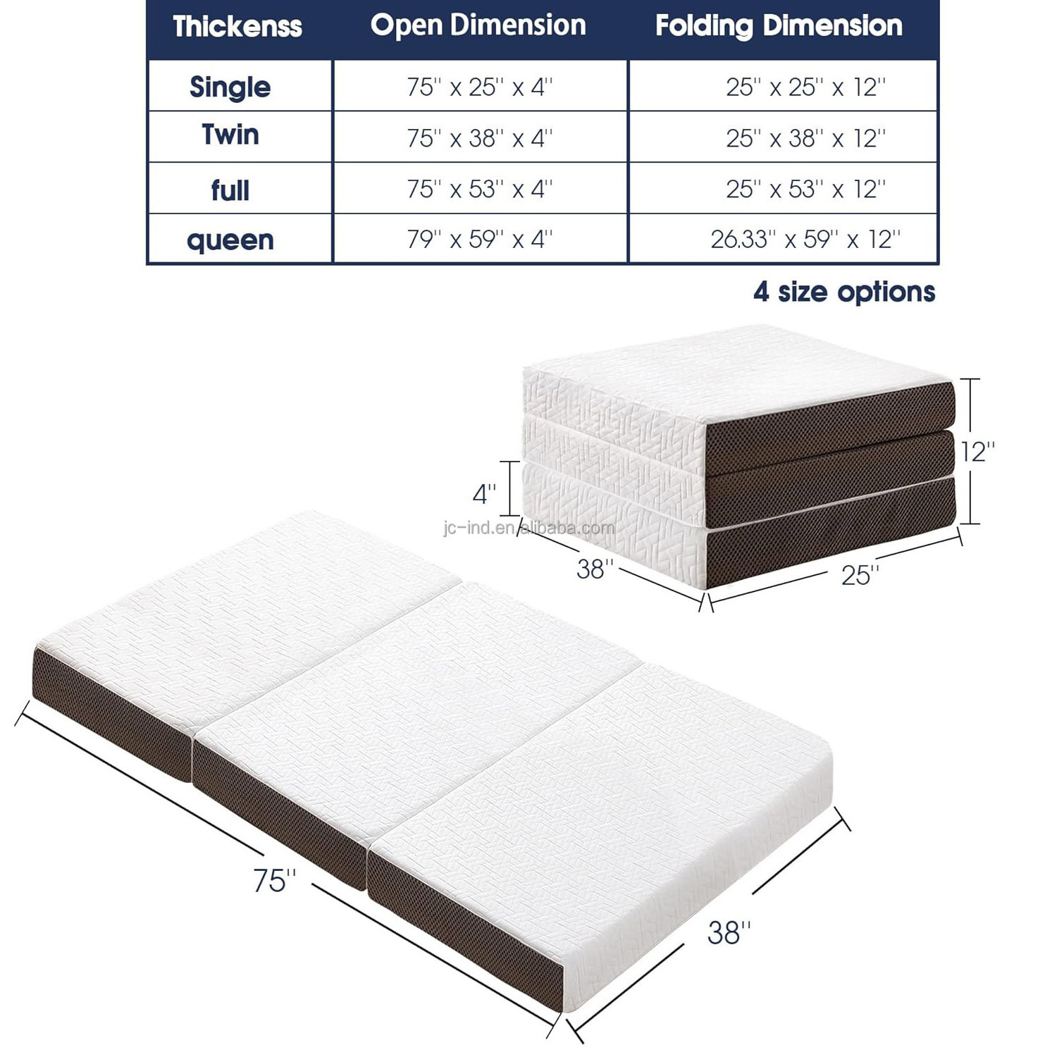 Memory Foam 3inch 4 Inch Tri Folding Mattress Portable Floor Guest Bed with Removable Bamboo Cover