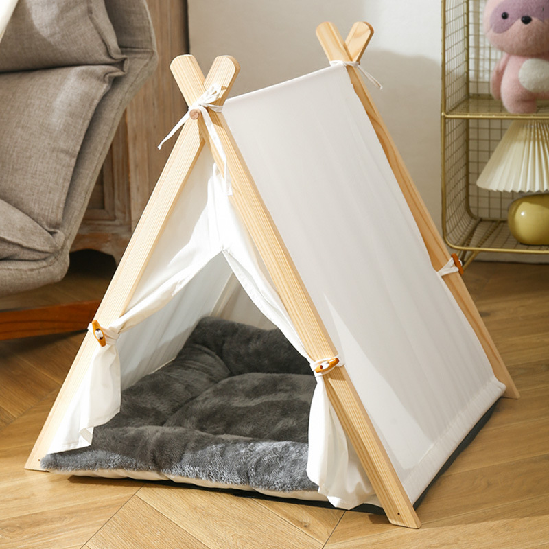 Pet Teepee Outdoor Travel Wood Cloth Prevent Mosquito Bites Camping Pet Dog Teepee Tent With Flannelette Cushion