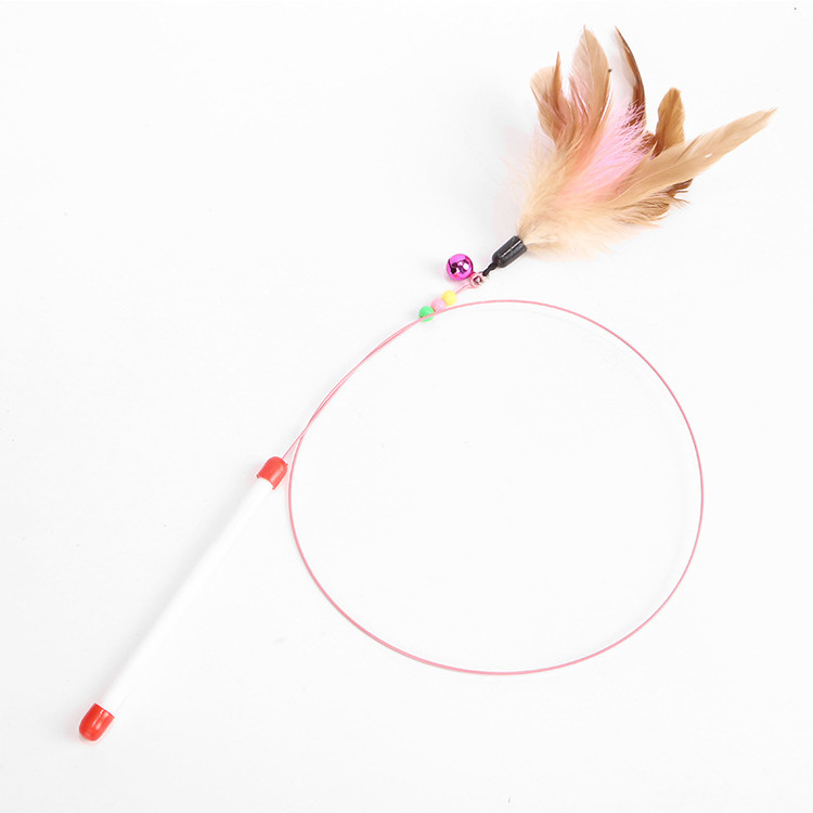 2024 New Cat Teaser Stick Steel Wire Colorful Feathers Pet Interactive Funny Cat Teaser Stick Toy With Bells