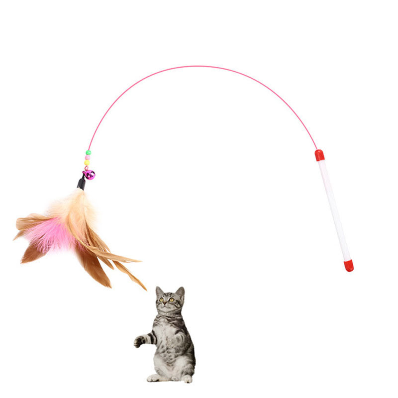 2024 New Cat Teaser Stick Steel Wire Colorful Feathers Pet Interactive Funny Cat Teaser Stick Toy With Bells