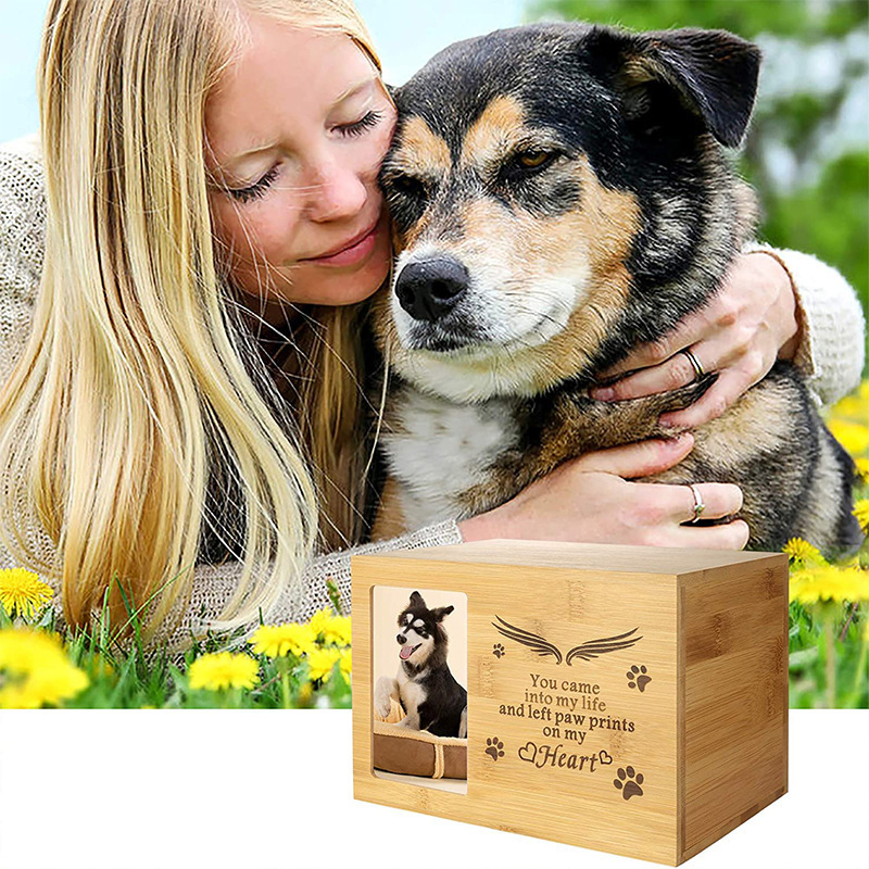 Dog Cat Urn with Photo Frame Pet Memorial Urn for Ashes Cat Dog Memory Box Memorial Keepsake Bamboo Luxury Customized Logo