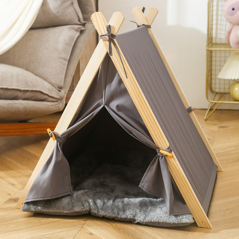 Pet Teepee Outdoor Travel Wood Cloth Prevent Mosquito Bites Camping Pet Dog Teepee Tent With Flannelette Cushion