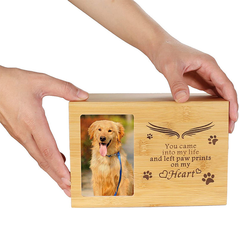 Dog Cat Urn with Photo Frame Pet Memorial Urn for Ashes Cat Dog Memory Box Memorial Keepsake Bamboo Luxury Customized Logo