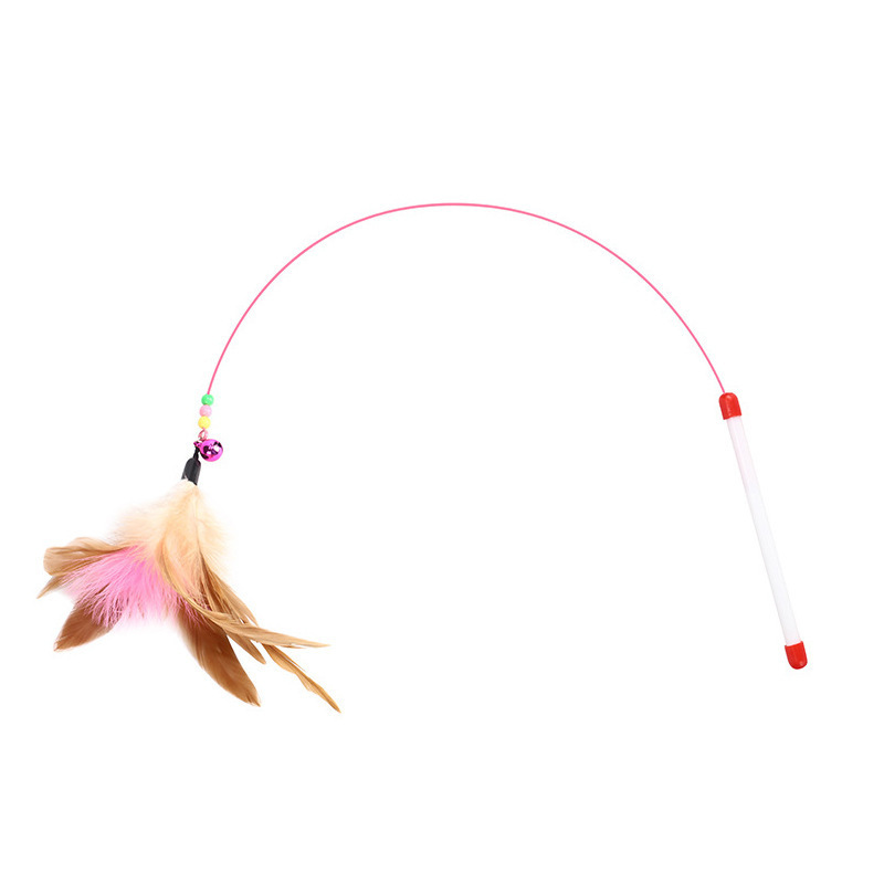 2024 New Cat Teaser Stick Steel Wire Colorful Feathers Pet Interactive Funny Cat Teaser Stick Toy With Bells