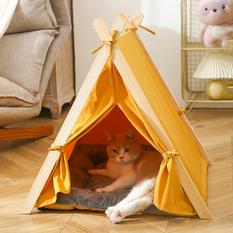 Pet Teepee Outdoor Travel Wood Cloth Prevent Mosquito Bites Camping Pet Dog Teepee Tent With Flannelette Cushion