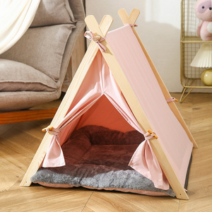 Pet Teepee Outdoor Travel Wood Cloth Prevent Mosquito Bites Camping Pet Dog Teepee Tent With Flannelette Cushion