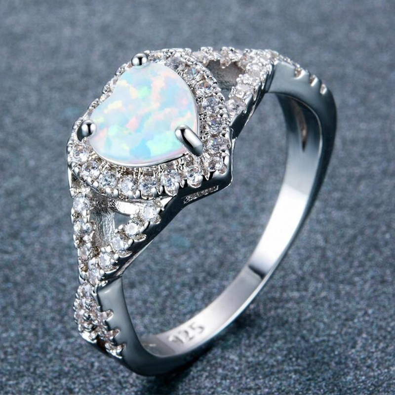 JCA Dainty Silver Jewelry 925 Sterling Heart Halo Opal Braid Ring