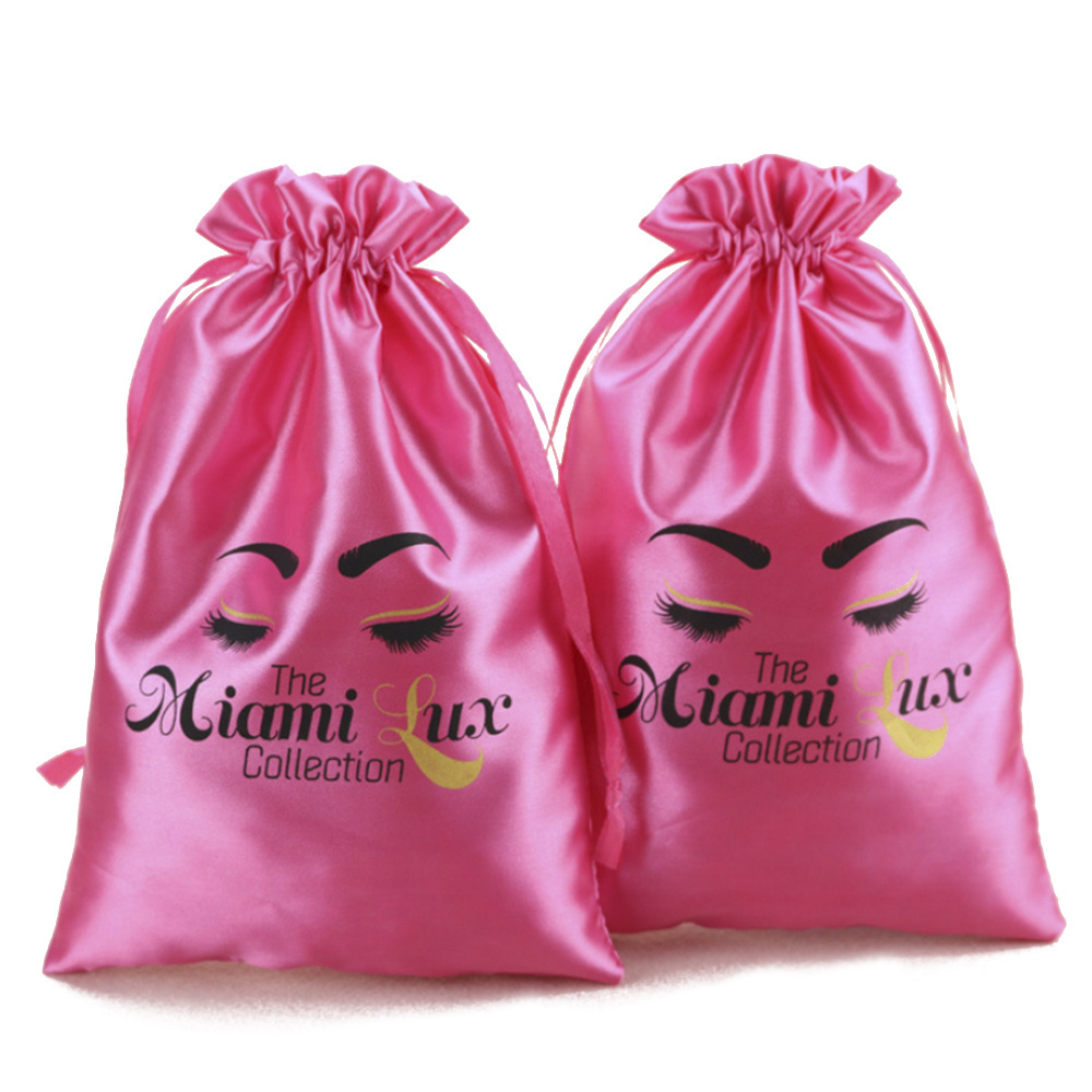 Custom Printed Logo Large Hair Silk Jewelry Eyelash Dust Wig Pouch Shoe Drawstring Bag Satin Bags Hair Silk Bags