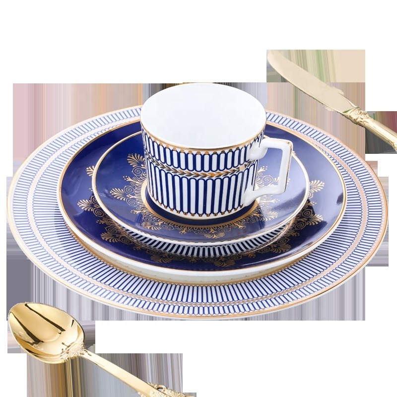 New style customized design white ceramic wholesale blue decal dinner set porcelain