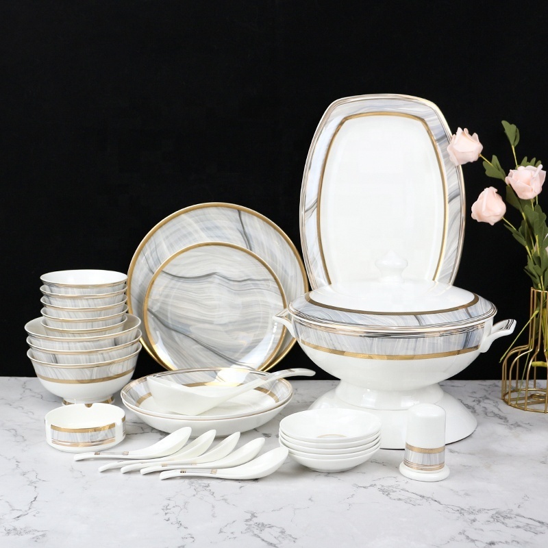 new design luxury porcelain dinner set marble fine bone china dinnerware set with gold rim