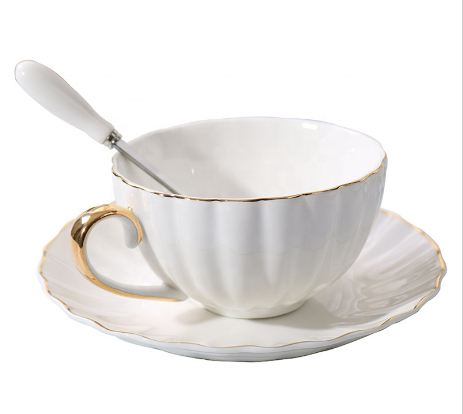 hot sale porcelain white embossed custom design ceramic cup and saucer gold rim bone china tea cups and saucers