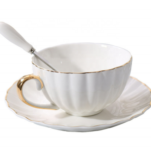 hot sale porcelain white embossed custom design ceramic cup and saucer gold rim bone china tea cups and saucers