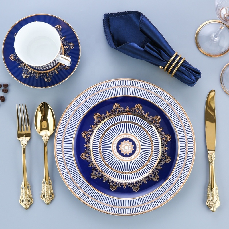 New style customized design white ceramic wholesale blue decal dinner set porcelain