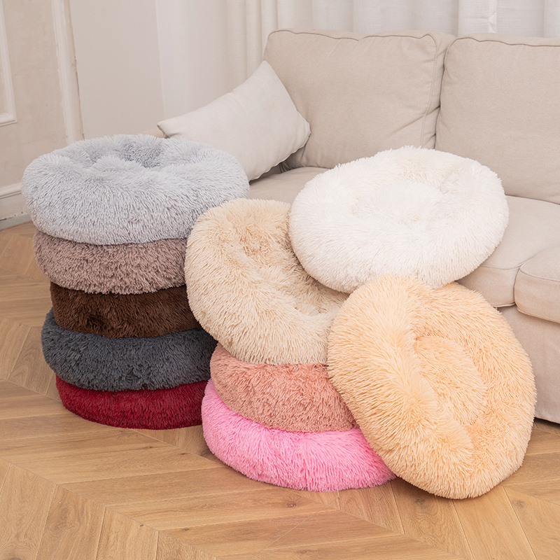 Custom Premium Anti Anxiety Sleeping Cozy Long Plush Donut Shaped Dog Bed Cat Pet Bed For Winter