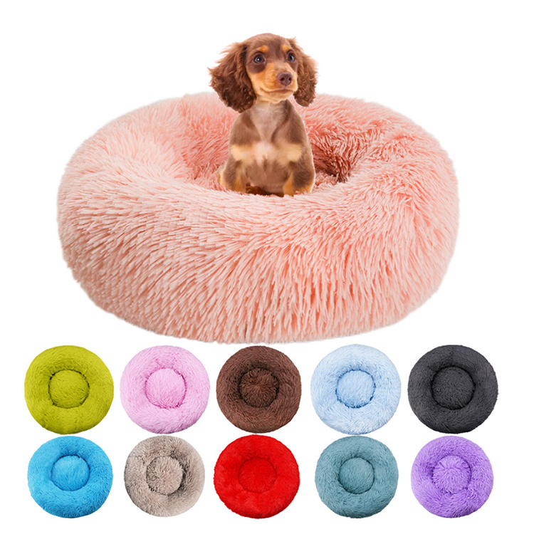 Super Soft Long Pet Plush Dog Kennel Mat Puppy Round Cushion Portable Cats Winter Warm Bed Round Cat Bed