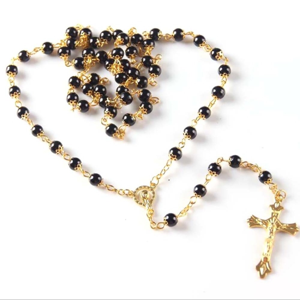 Hot Selling White and black Glass pearl beads christian rosary stainless steel rosary cross pendant Rosary beads necklace